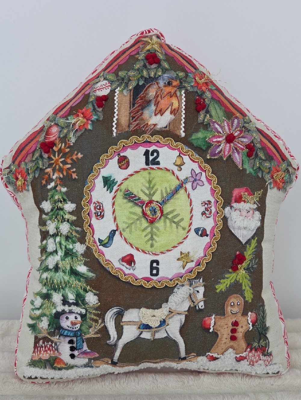 Embroidered Holiday House Pillow with Robin & Festive Motifs - Brown/Green